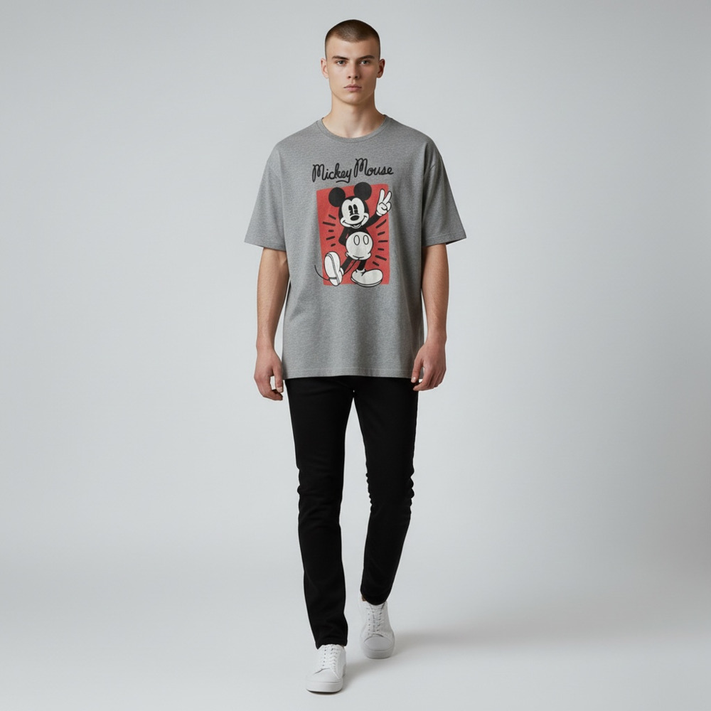 Disney Mickey Mouse Peace Sign Graphic T-Shirt Gray